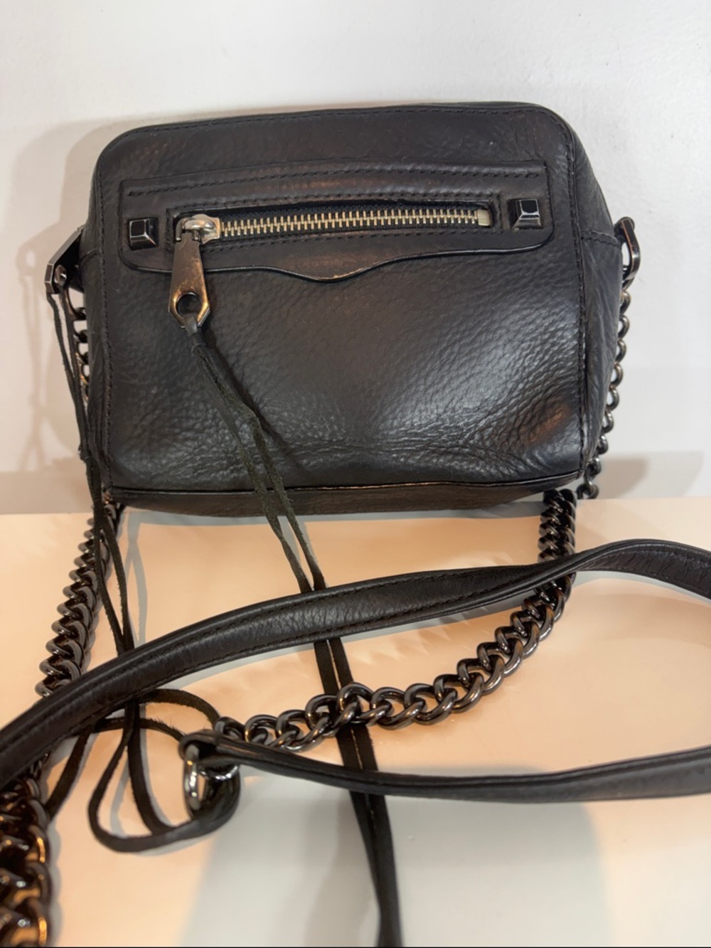 Rebecca Minkoff Black Leather Mini MAC Crossbody Bag Chain Strap Tassel